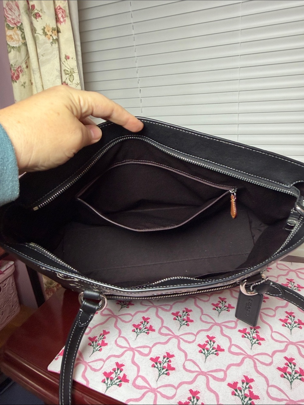 Coach Black Leather Butterfly-Embroidered Tote - Picture 5 of 8